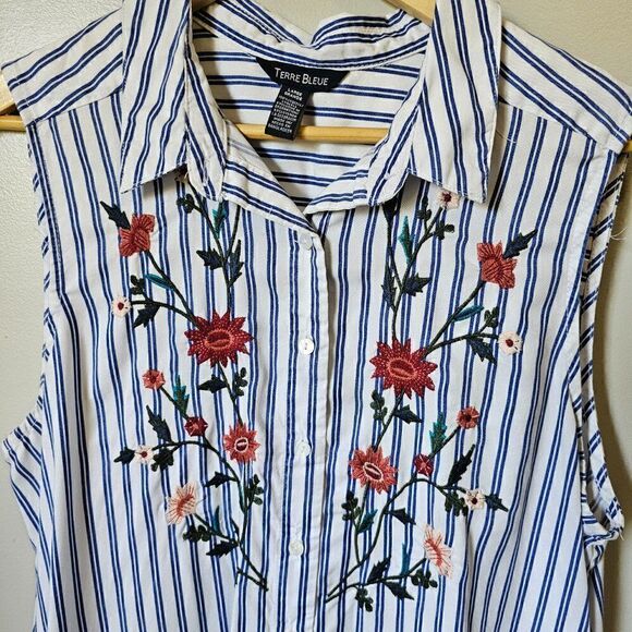 EUC LIKE NEW TERRE BLUE 100% LYOCELL STRIPED EMBROIDERED BUTTON DOWN DRESS SZ L - Picture 7 of 16